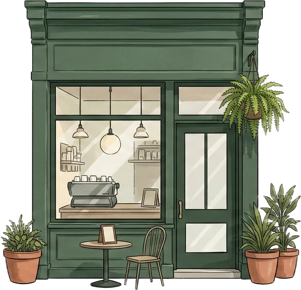 Illustrated green cafe storefront with a bistro table and potted plants on the sidewalk